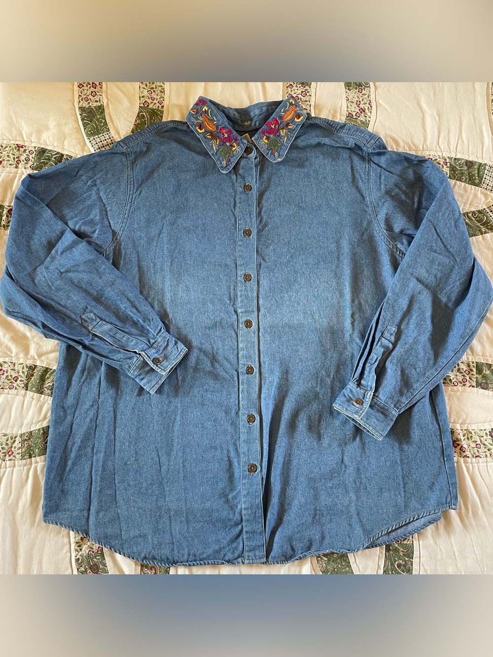 Cabin Creek Blue Denim Button-Up with Removable Embroidered Collar Size 18W